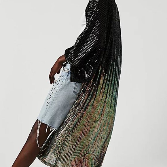 Free People PARTY ON KIMONO, Black&Silver Sequins - Picture 1 of 4